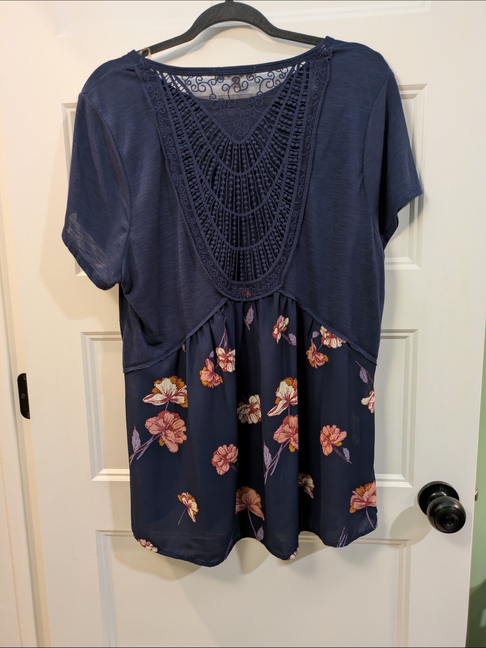 Jolt Navy Short Sleeve Tunic with Floral Hem - Picture 9 of 14